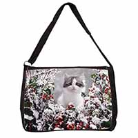 Winter Snow Kitten Large Black Laptop Shoulder Bag School/College