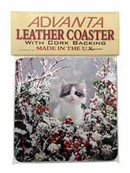 Winter Snow Kitten Single Leather Photo Coaster