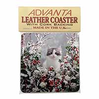 Winter Snow Kitten Single Leather Photo Coaster