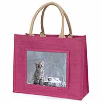 Animal Fantasy Cat+Snow Leopard Large Pink Jute Shopping Bag