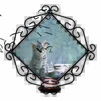 Animal Fantasy Cat+Snow Leopard Wrought Iron Wall Art Candle Holder
