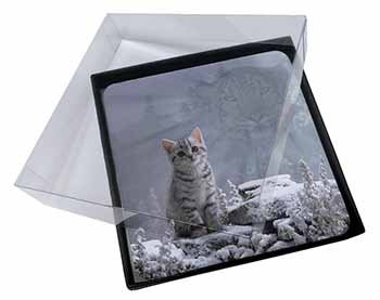 4x Animal Fantasy Cat+Snow Leopard Picture Table Coasters Set in Gift Box