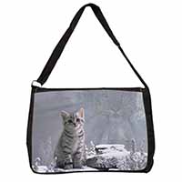 Animal Fantasy Cat+Snow Leopard Large Black Laptop Shoulder Bag School/College