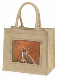 Lion Spirit on Kitten Watch Natural/Beige Jute Large Shopping Bag