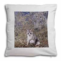 Kitten and White Tiger Watch Soft White Velvet Feel Scatter Cushion