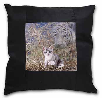 Kitten and White Tiger Watch Black Satin Feel Scatter Cushion