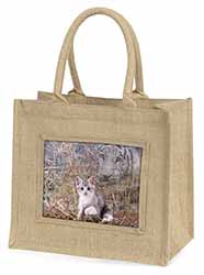 Kitten and White Tiger Watch Natural/Beige Jute Large Shopping Bag