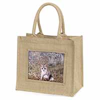 Kitten and White Tiger Watch Natural/Beige Jute Large Shopping Bag