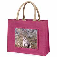 Kitten and White Tiger Watch Large Pink Jute Shopping Bag
