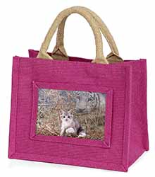 Kitten and White Tiger Watch Little Girls Small Pink Jute Shopping Bag