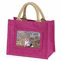 Kitten and White Tiger Watch Little Girls Small Pink Jute Shopping Bag