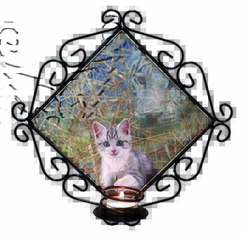Kitten and White Tiger Watch Wrought Iron Wall Art Candle Holder