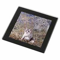 Kitten and White Tiger Watch Black Rim High Quality Glass Coaster