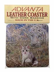 Kitten and White Tiger Watch Single Leather Photo Coaster