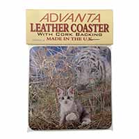 Kitten and White Tiger Watch Single Leather Photo Coaster
