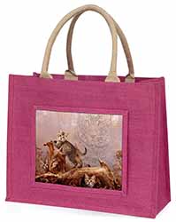 Kitten and Leopard Watch Large Pink Jute Shopping Bag