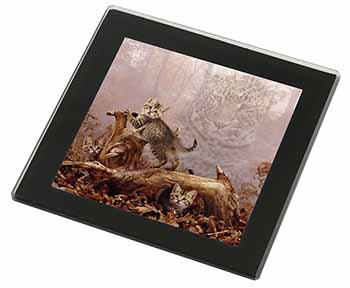 Kitten and Leopard Watch Black Rim High Quality Glass Coaster