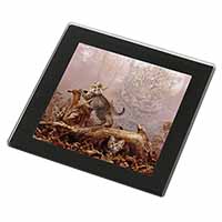 Kitten and Leopard Watch Black Rim High Quality Glass Coaster