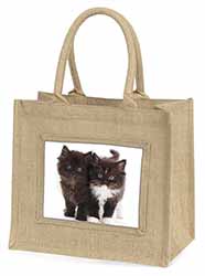 Black and White Kittens Natural/Beige Jute Large Shopping Bag