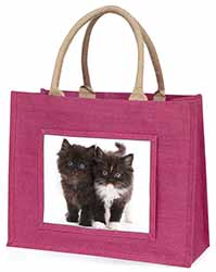 Black and White Kittens Large Pink Jute Shopping Bag