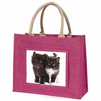 Black and White Kittens Large Pink Jute Shopping Bag