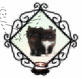 Black and White Kittens Wrought Iron Wall Art Candle Holder