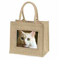 Gorgeous White Cat Natural/Beige Jute Large Shopping Bag