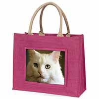 Gorgeous White Cat Large Pink Jute Shopping Bag