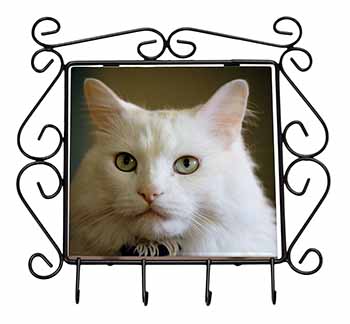 Gorgeous White Cat Wrought Iron Key Holder Hooks