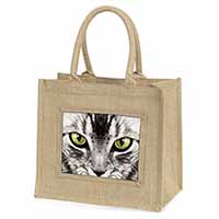 Silver Tabby Cat Face Natural/Beige Jute Large Shopping Bag