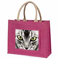 Silver Tabby Cat Face Large Pink Jute Shopping Bag