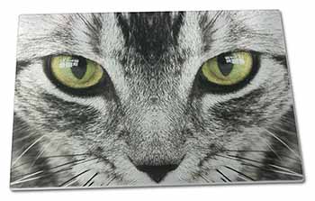 Large Glass Cutting Chopping Board Silver Tabby Cat Face