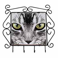 Silver Tabby Cat Face Wrought Iron Key Holder Hooks