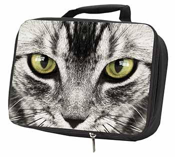 Silver Tabby Cat Face Black Insulated School Lunch Box/Picnic Bag