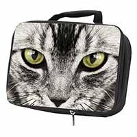 Silver Tabby Cat Face Black Insulated School Lunch Box/Picnic Bag