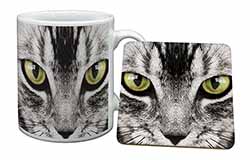 Silver Tabby Cat Face Mug and Coaster Set