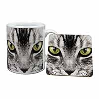 Silver Tabby Cat Face Mug and Coaster Set