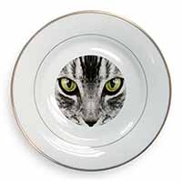 Silver Tabby Cat Face Gold Rim Plate Printed Full Colour in Gift Box