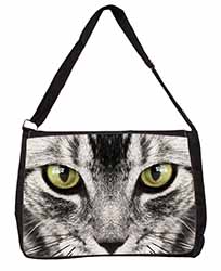 Silver Tabby Cat Face Large Black Laptop Shoulder Bag School/College