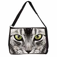 Silver Tabby Cat Face Large Black Laptop Shoulder Bag School/College