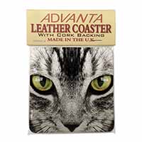 Silver Tabby Cat Face Single Leather Photo Coaster