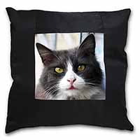 Pretty Black and White Cat Black Satin Feel Scatter Cushion