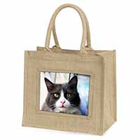 Pretty Black and White Cat Natural/Beige Jute Large Shopping Bag
