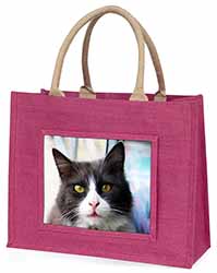 Pretty Black and White Cat Large Pink Jute Shopping Bag