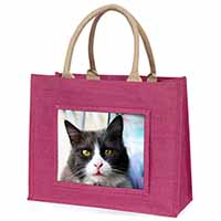 Pretty Black and White Cat Large Pink Jute Shopping Bag