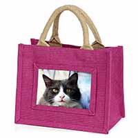 Pretty Black and White Cat Little Girls Small Pink Jute Shopping Bag