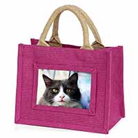 Pretty Black and White Cat Little Girls Small Pink Jute Shopping Bag