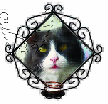 Pretty Black and White Cat Wrought Iron Wall Art Candle Holder