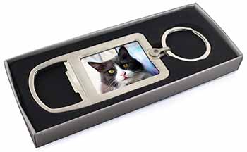 Pretty Black and White Cat Chrome Metal Bottle Opener Keyring in Box