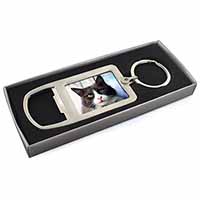 Pretty Black and White Cat Chrome Metal Bottle Opener Keyring in Box